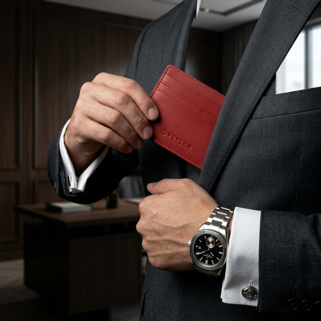Porta-cartões slim Veylen em couro de precisão — geometria que preserva o caimento do terno executivo
